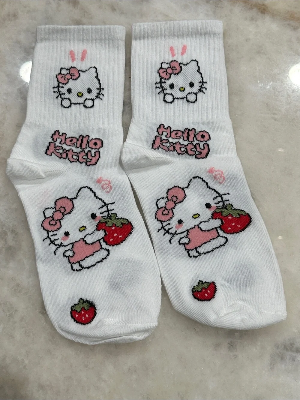 Hello Kitty White Socks with Pink and Red Strawberry Design